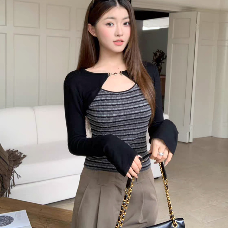 BY356143# 美式辣妹假两件条纹长袖T恤女秋季性感时尚修身打底上衣 服裝批發女裝批發服飾貨源