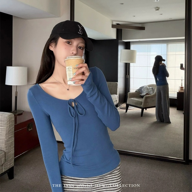 BY356132# u领长袖t恤女秋季时尚百搭正反两穿镂空绑带修身打底上衣 服裝批發女裝批發服飾貨源