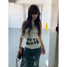 批发带胸垫  辣妹一字肩女字母印花网纱<b class='q'>罩衫</b>上衣<b class='q'>比基尼</b>两件套