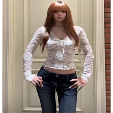 批发内里<b class='q'>网纱</b>      蝴蝶结系带蕾丝防晒长袖T恤女