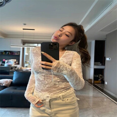 批发内里纱网    辣妹纯欲风性感系带蕾丝长袖<b class='q'>上衣</b>女