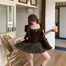 批发系带短袖开衫女设计感蕾丝花边<b class='q'>吊带</b>背心两件套