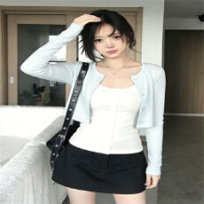 批发波点短款开衫外套女花边排扣<b class='q'>吊带</b><b class='q'>背心</b>上衣两件套