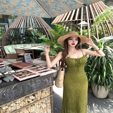 批发可调节带胸垫镂空系带连衣裙女绿色包臀裙长裙子