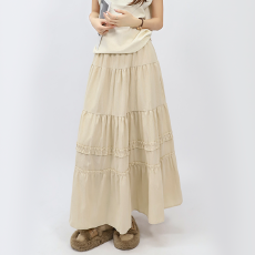 批发纯色花边拼接A字裙女 秋冬新款时尚百搭显瘦咖色中长款半身裙