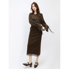 批发实拍浪漫百搭显瘦垂感安迪绒蕾丝针织拼接包臀裙中长款半身裙