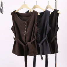批发实拍法式小众<b class='q'>设计</b>感单排扣羊毛呢背心马甲秋冬修身显瘦绑带上衣