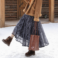 批发实拍高腰显瘦A字半身裙暖冬印花百褶台湾纱大摆两面穿半身裙