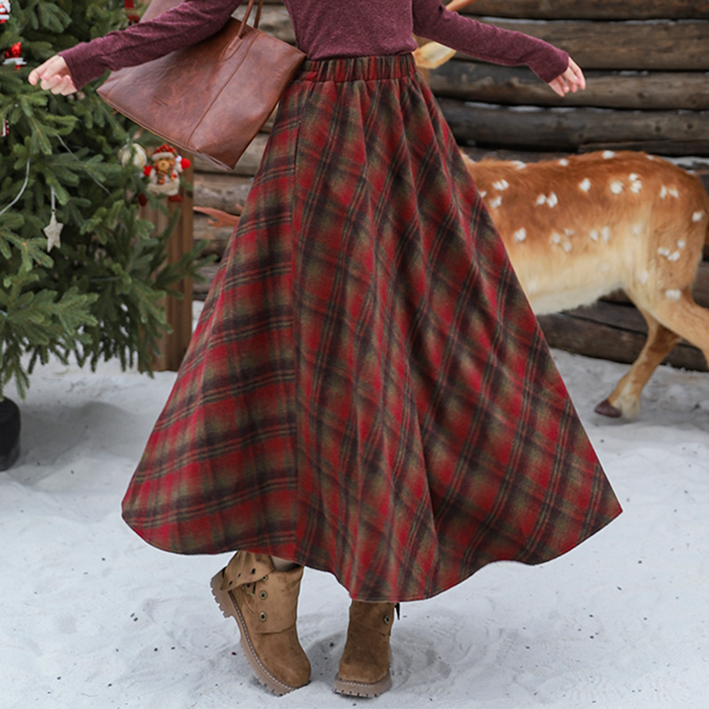 MY14568# 法式小众复古港风格子毛呢A字裙女秋冬 高腰显瘦垂感半身裙...