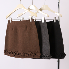 批发实拍甜美浪漫气质百搭木耳花边羊毛短裙 高腰显瘦包臀A字裙裤裙