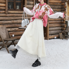 批发实拍法式小众设计感羊绒蕾丝半身裙中长款 高腰显瘦软糯A字裙