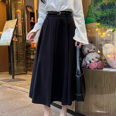 批发实拍法式小众设计感经典显瘦毛呢A<b class='q'>字</b><b class='q'>裙</b>带皮带中长款<b class='q'>半身裙</b>