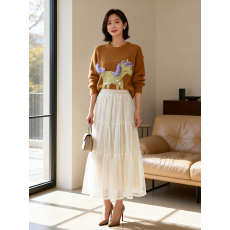 批发实拍法式小众设计感浪漫丝绒拼接<b class='q'>网纱</b>半身裙女秋冬 高腰百褶裙