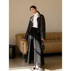 批发实拍简约百搭设计感复古<b class='q'>蕾丝</b>拼接羊绒<b class='q'>半身裙</b>女秋冬 高腰显瘦A字裙