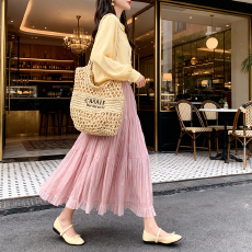 批发实拍甜美气质手工压褶木耳边拼接三层蛋糕裙女春夏高腰网纱半身裙