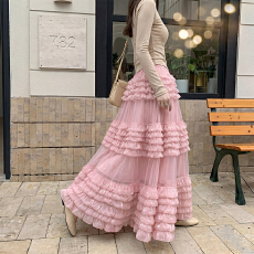 批发实拍跨境<b class='q'>欧美</b>修身显瘦气质感多层缎面蛋糕裙女高腰网纱裙中长款