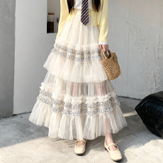 批发实拍欧洲气质波点印花拼接木耳边多层蓬蓬裙春夏 高腰网纱半身裙
