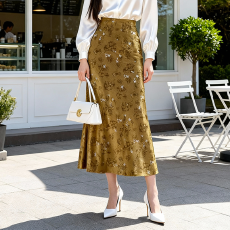 批发实拍法式小众轻奢简约印花醋酸缎面半身裙女 高腰显瘦<b class='q'>长裙</b>中长款