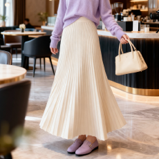 批发实拍法式小众设计感简约百搭坑条大摆A 字裙<b class='q'>长裙</b> 高腰针织半身裙