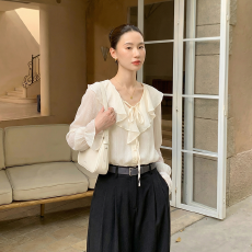 批发实拍简约百搭气质V领印花木耳边<b class='q'>雪纺衫女</b>春夏 宽松显瘦上衣