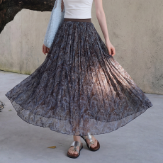 批发实拍法式小众设计感简约<b class='q'>百搭</b>垂感印花百褶裙女春夏大摆裙