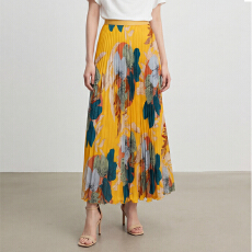 批发实拍简约亚马逊<b class='q'>欧美</b>印花卷边百褶裙女春夏 高腰百褶<b class='q'>长裙</b>