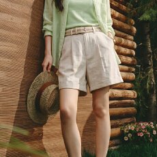 批发实拍简约老钱风亚麻三分阔腿裤女夏 高腰显瘦垂感短裤带皮带