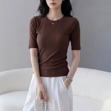批发实拍简约百搭舒适高弹慕斯<b class='q'>羊绒</b>圆领T恤女夏秋 修身显瘦中袖上衣