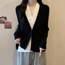 批发实拍胖妹妹大码女装春季新款假两件开衫长袖设计感针织衫显瘦上衣