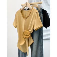 批发实拍 胖妹妹<b class='q'>大码</b><b class='q'>女装</b>夏装短袖T恤冰丝不规则烫钻设计感飘带上衣潮