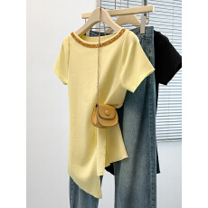 批发实拍 大码女装胖妹妹<b class='q'>夏</b>装短袖T恤不规则设计感钉珠显瘦冰丝上衣潮