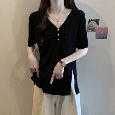 批发实拍 胖妹妹夏装大码女装冰丝短袖T恤显瘦设计感法式正肩韩版<b class='q'>上衣</b>