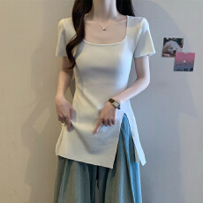 批发实拍 胖妹妹大码女装夏装方领开叉纯色冰丝短袖<b class='q'>T</b><b class='q'>恤</b>显瘦韩版上衣
