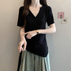 批发实拍胖mm大码<b class='q'>女装</b>夏装不规则短袖T恤显瘦V领木耳边设计感减龄上衣