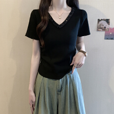 批发实拍 大码<b class='q'>女装</b>夏装胖妹妹新款V领短袖T恤烫钻法式设计感修身上衣