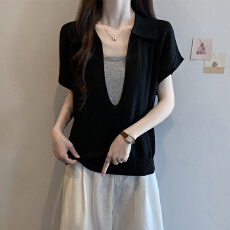 批发实拍 <b class='q'>胖</b><b class='q'>mm</b>夏装大码女装新款撞色假两件正肩显瘦短袖T恤宽松上衣