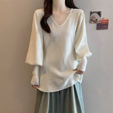 批发实拍 胖mm<b class='q'>春</b>秋装大码女装V领泡泡袖毛衣温柔风百搭软糯针织衫上衣