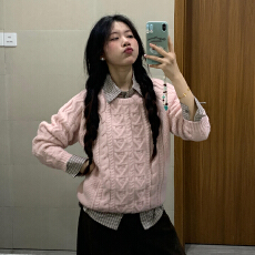 粉色麻花针织毛衣女秋冬2025新款韩系慵懒高级感套头宽松上衣套装