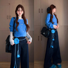 批发韩系蓝色可外穿内搭毛衣女款2025新款秋冬季慵懒高级设计感一整套