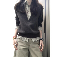 批发格纹领拼接假两件针织上衣女秋冬超好看宽松<b class='q'>休闲</b>慵懒打底内搭毛衣