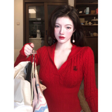 韩系慵懒风红色v领长袖毛衣女秋冬季2025新款宽松巨好看针织上衣