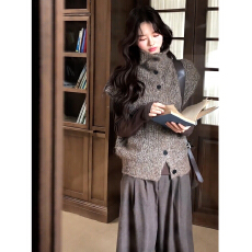 批发法式复古<b class='q'>气质</b>高领针织马甲秋冬新款叠穿打底衫上衣时尚两件套