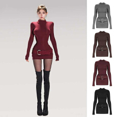 批发黑色<b class='q'>气质</b>半高领长袖连衣裙女秋季新款内搭打底辣妹修身包臀短裙子