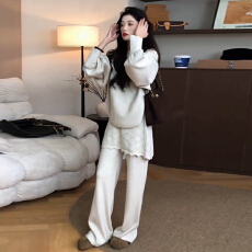 批发2025冬季新款<b class='q'>韩版</b>时尚慵懒风毛衣针织衫拼接蕾丝屁帘阔腿裤套装女