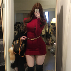 批发红色针织<b class='q'>连衣裙</b>子女秋冬季2025新款新年战袍包臀裙圣诞穿搭高级感