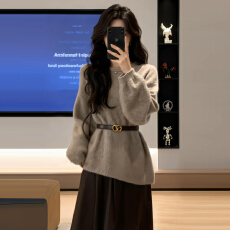 批发2025新款韩系收腰针织衫毛衣女秋冬季慵懒风内搭打底圆领套头上衣