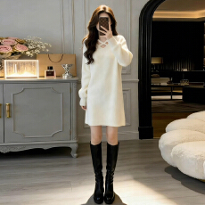 批发2026新款小个子白色针织连衣裙子女秋<b class='q'>冬</b>季韩系慵懒大衣内搭毛衣裙