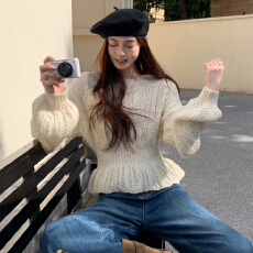 批发法式灯笼袖<b class='q'>荷叶边</b>圆领套头<b class='q'>毛衣</b>女秋冬季慵懒风收腰内搭针织衫上衣