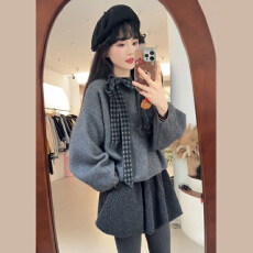 批发2026新款灰色系穿搭一整套连衣裙子女秋冬小个子韩系花苞短裙<b class='q'>套装</b>