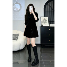 批发法式赫本风<b class='q'>黑色</b>衬衫连衣裙女秋冬季2026新款打底内搭收腰a字短裙